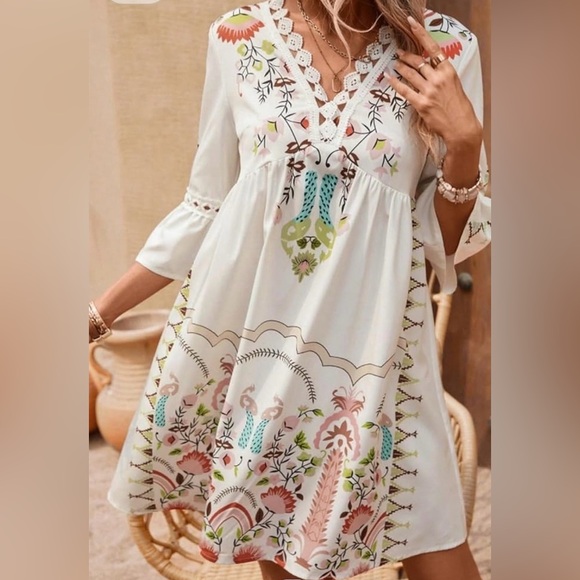 Nora Cora Dresses & Skirts - Boho White Babydoll Dress Floral V Neck Crochet Trim Cottagecore Small